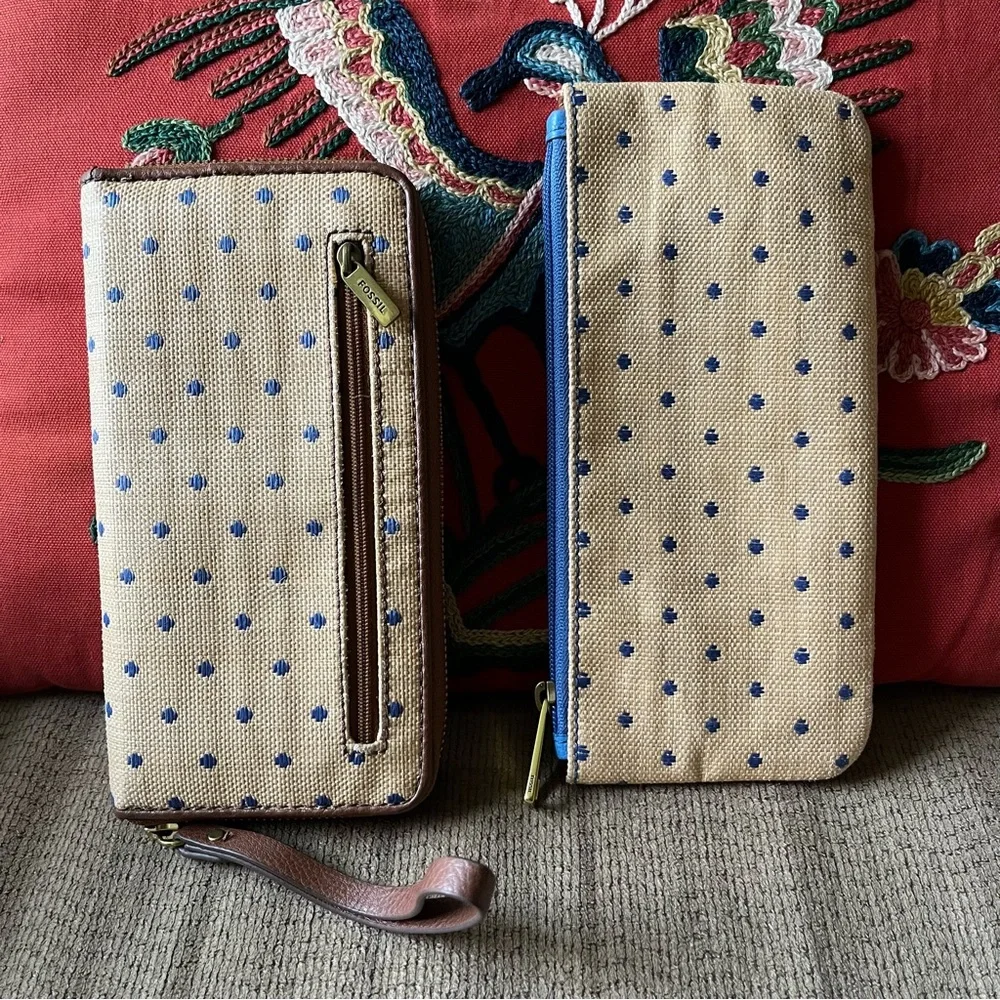 💙 Fossil Felicity Blue Dot Jori Zip Clutch Wallet & Pouch - Tan & Brown & Blue - Picture 3 of 15